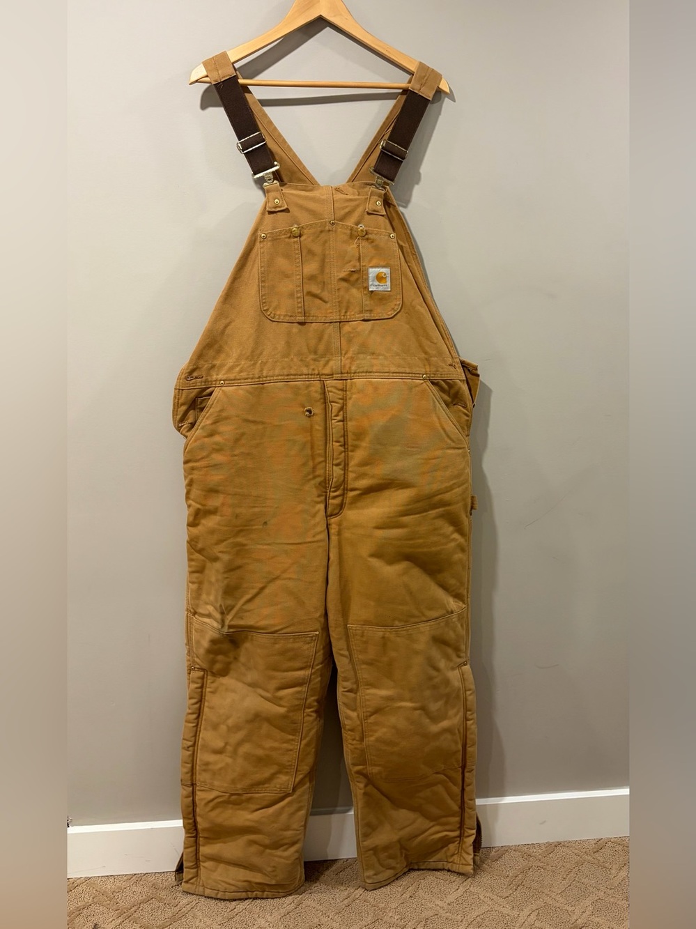 Carhartt R03 Brown Duck Insulated Work Overalls Bibs 42x32 Made in USA Vintage